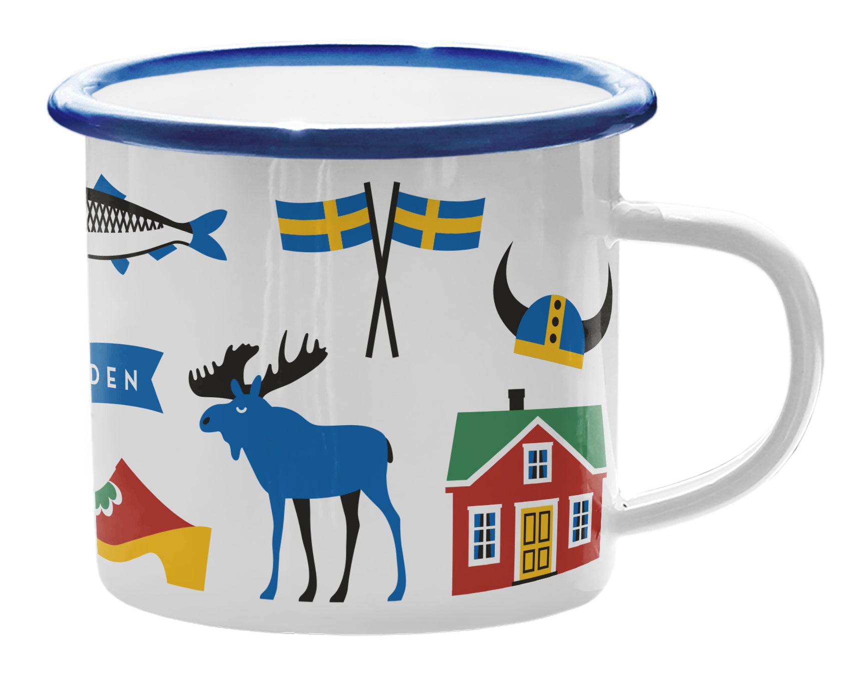 The Coffee Mug: Sweden Traditions Enamel Mug features a blue trim and designs of a fish, Swedish flags, Viking helmet, blue moose, red house, and clogs—making it an ideal gift for fans of Swedish culture.