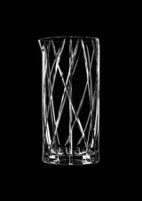 The Orrefors: City Mixing Glass with Spoon 22oz features a zigzag etched pattern and is displayed against a black background.