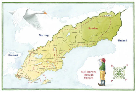 Inspired by "The Wonderful Adventures of Nils" (Hardcover) by Selma Lagerlof, this illustrated map traces Nils's journey through Sweden with a red dotted path, labeled cities, and features the boy, his goose, and neighboring countries’ borders.