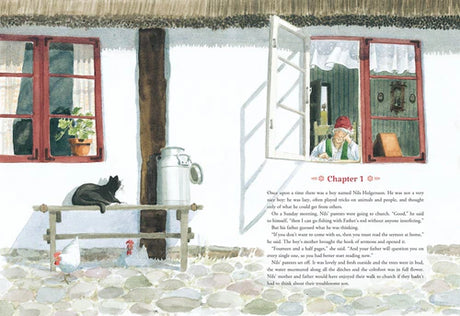 An illustration inspired by Book: The Wonderful Adventures of Nils (Hardcover) by Selma Lagerlof depicts a person at a cottage window, with a black cat, milk can, and chickens outside, styled like a classic Swedish children's book.