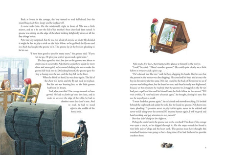 Two illustrated storybook pages from "The Wonderful Adventures of Nils" (Hardcover) by Selma Lagerlof show a boy in a cottage, a pirate by a chest, and a small mirror with a reflected figure.