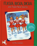 Cover illustration of *Flicka, Ricka, Dicka and Their New Skates*, showcasing three children in red attire ice skating amidst a snowy setting. This classic holiday tale was penned by Maj Lindman.