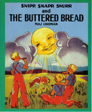 Three boys in red suspenders gaze at a smiling sun on the cover of Book: Snipp, Snapp, Snurr and The Buttered Bread by Maj Lindman.
