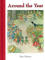 Cover of "Book: Around the Year a Mini Book by Elsa Beskow," featuring illustrated children and creatures parading in a forest, with a woman picking berries and a nearby bird.