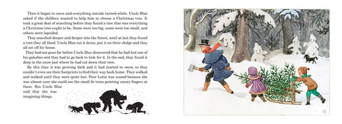 The illustrated page, echoing Elsa Beskows style, has text on the left and an image on the right, showcasing a Swedish Christmas scene. People in coats gather a small tree in the snowy forest, reminiscent of Peter and Lottas Christmas by Elska Beskow.