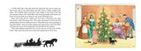 Illustration from Book: Peter and Lottas Christmas a Mini Elsa Beskow Book, depicting a family decorating a Christmas tree in a cozy room with a black cat, plus a horse-drawn sleigh scene inspired by Swedish holiday traditions.