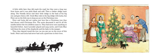 Illustration of a family decorating a Christmas tree while a man, reminiscent of Swedish Christmas traditions, enters with a tray. A black dog and two children are present. On the left side, there’s a nod to "Peter and Lotta's Christmas" as part of the Mini Elsa Beskow Book series featuring a horse-drawn sleigh in a snowy scene.