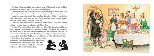 An illustrated page from *Peter and Lotta's Christmas* features a character dressed as a goat, surrounded by adults at a dining table. A text passage along with two child silhouettes evokes scenes reminiscent of Swedish Christmas traditions, enhancing the charm of this delightful tableau.