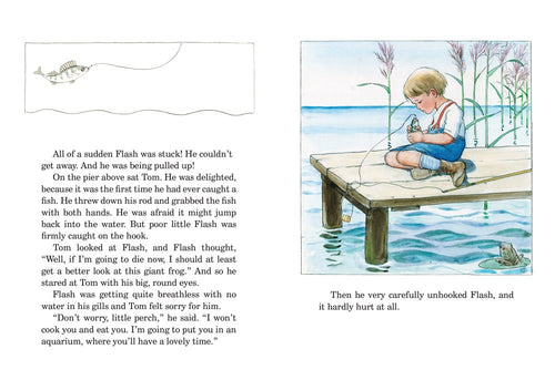 A young boy sits on a dock, gently unhooking a fish with his hands, much like a scene from "The Curious Fish." Nearby, as if part of a magical adventure, another fish swims in the water beside the dock.