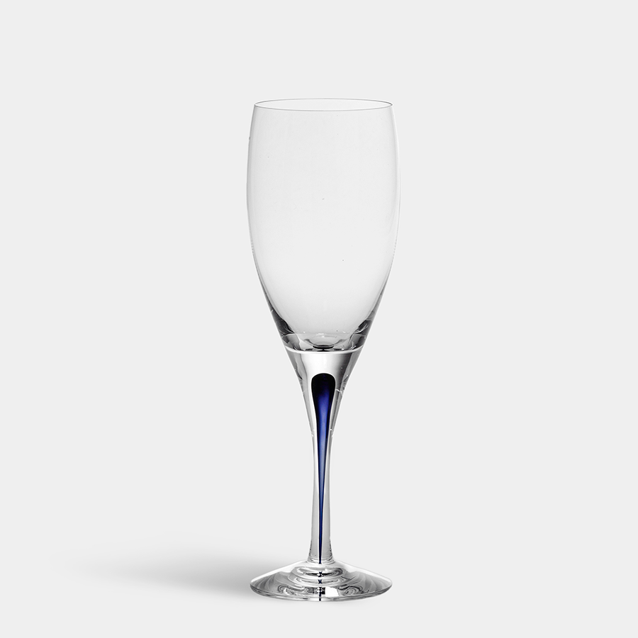 The Orrefors: Intermezzo Blue Claret Glass 8oz, designed by Erika Lagerbielke, showcases a distinctive blue-tinted stem elegantly set against a plain white background.