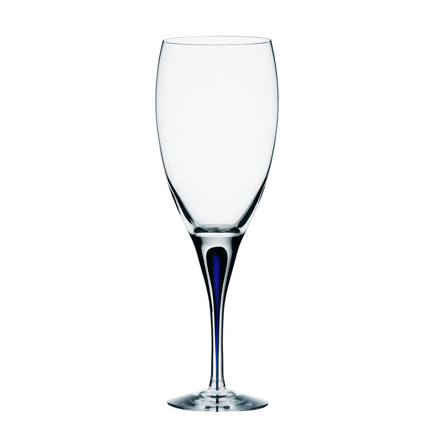 A clear, empty wine glass with a tall, elegant stem on a white background, reminiscent of the sophisticated Orrefors Intermezzo Blue Claret Glass 8oz.