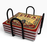 Set of four ceramic coasters with vintage-style FIKA text and teapot design, stacked neatly in a black metal holder.