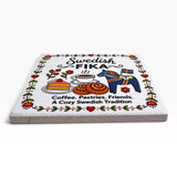 Square tray featuring Swedish Fika text, folk-art illustration of coffee, pastries, a blue Dala horse, and red hearts.