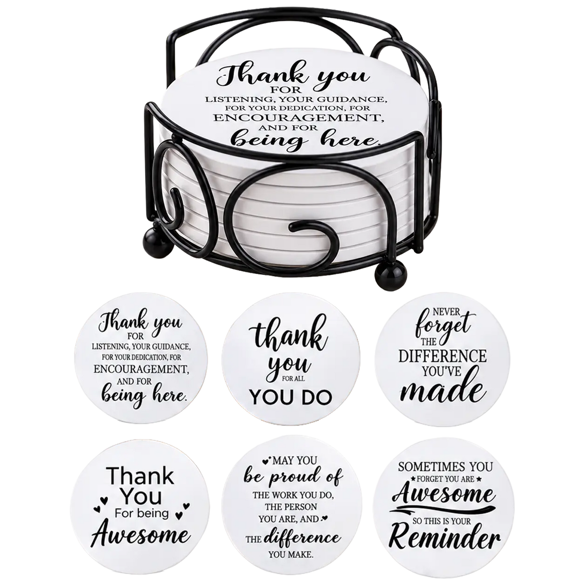 Six round drink coasters each featuring a different gratitude quote in black script, stacked in a black metal holder with a swirl pattern.