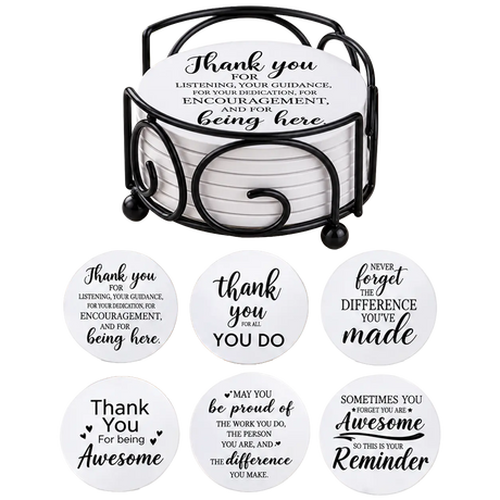 Six round drink coasters each featuring a different gratitude quote in black script, stacked in a black metal holder with a swirl pattern.