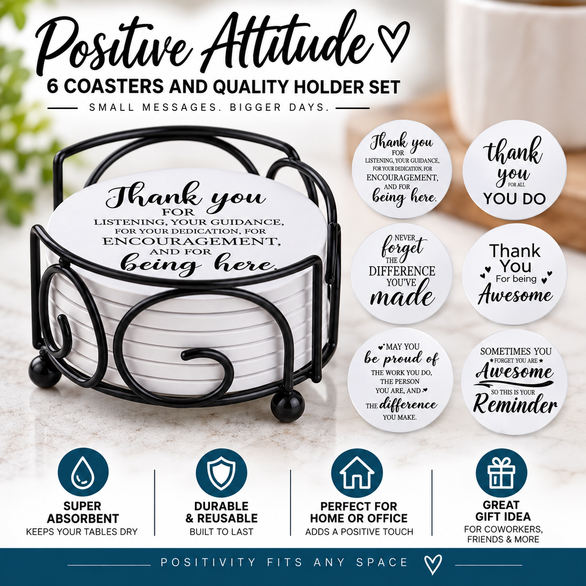 Set of absorbent coasters with printed text designs, stacked in a black holder on a wooden table, with white flowers nearby.