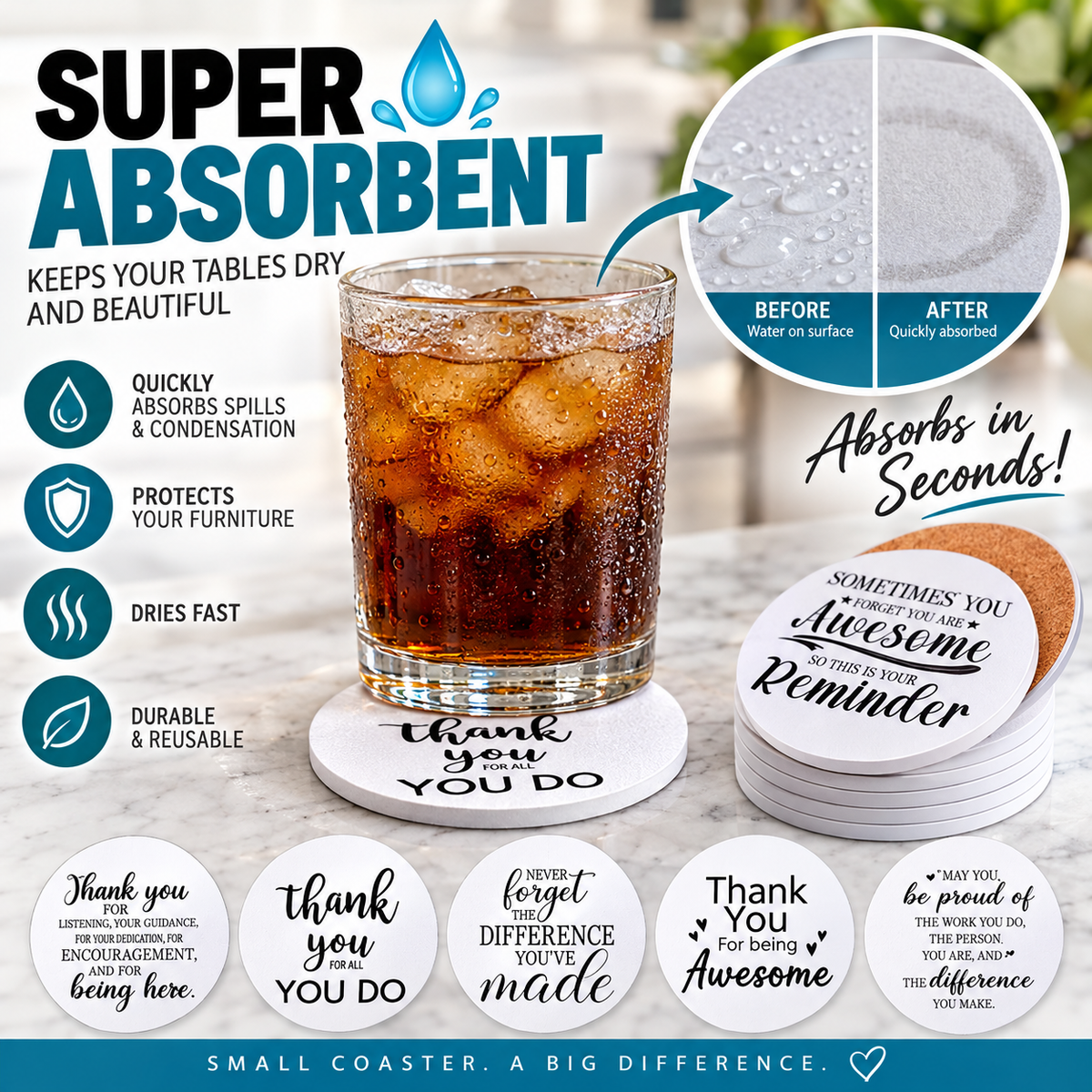 Glass of soda on an absorbent coaster with the printed message “thank you for all you do” in black text.