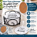 Set of round drink coasters with cork backing arranged in a holder, each coaster printed with short messages and simple diagrams about cork’s absorbency and durability.