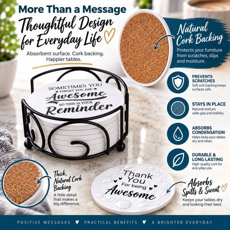 Set of round drink coasters with cork backing arranged in a holder, each coaster printed with short messages and simple diagrams about cork’s absorbency and durability.