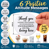 A hand holds a round absorbent drink coaster with a thank you message. Below are five assorted drinks, each placed on a coaster with different positive text designs visible.