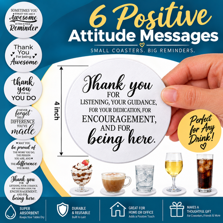 A hand holds a round absorbent drink coaster with a thank you message. Below are five assorted drinks, each placed on a coaster with different positive text designs visible.