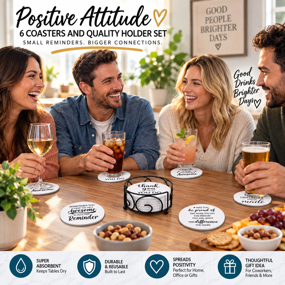 Four people sitting around a table with drinks placed on coasters featuring inspirational words; a decorative box holds additional coasters.
