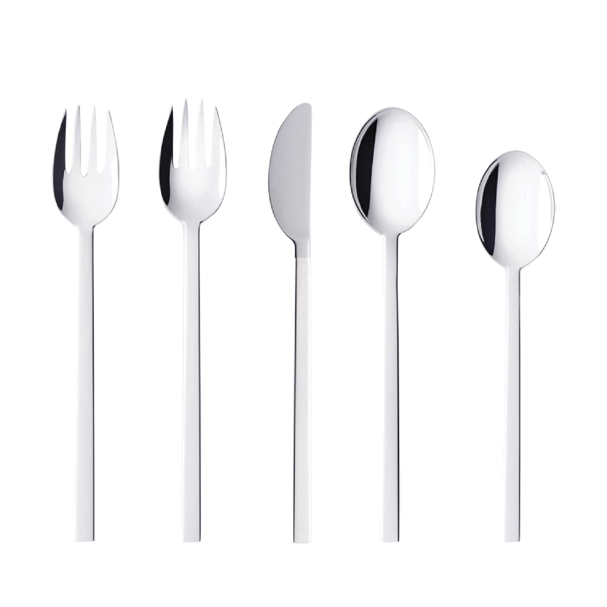 The Gense - Silver Dining Set CPB 2091 includes premium stainless steel cutlery: a spork, fork, knife, large spoon, and small spoon, all elegantly displayed vertically on a white background.