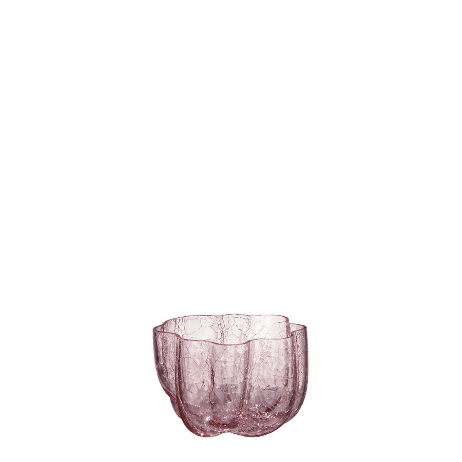 The KostaBoda Crackle Bowl Votive Pink by Åsa Jungnelius showcases a wavy edge and a textured pink glass surface.