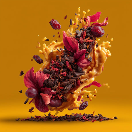 Hibiscus infusion and dried berries floating in a splash of golden liquid.