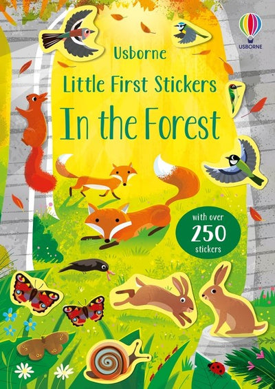 The cover of Little First Stickers In the Forest features woodland illustrations and insects, offering over 250 stickers.