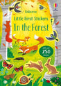 The cover of Little First Stickers In the Forest features woodland illustrations and insects, offering over 250 stickers.