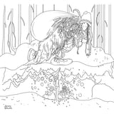 Line drawing by John Bauer in the *Activity Book: Fantasy Forest World of Fairies & Trolls* shows a large creature standing alongside a smaller figure in an enchanted forest. The creature, likely one of Bauer's famous trolls, dons a braided hat while the smaller figure looks upwards, possibly imagining encounters with fairies and other mystical beings.