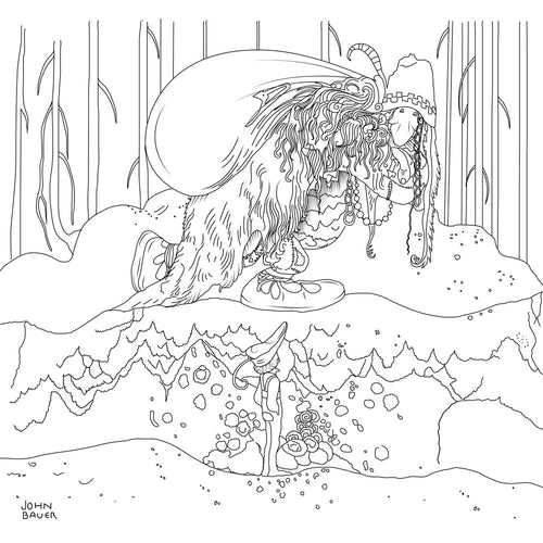 Line drawing by John Bauer in the *Activity Book: Fantasy Forest World of Fairies & Trolls* shows a large creature standing alongside a smaller figure in an enchanted forest. The creature, likely one of Bauer's famous trolls, dons a braided hat while the smaller figure looks upwards, possibly imagining encounters with fairies and other mystical beings.