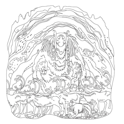 An illustration from the "Activity Book: Fantasy Forest World of Fairies & Trolls" depicts an elaborately designed mythical figure encircled by antlered animals in a cave-like setting. Intricate patterns enrich the background, capturing the enchanting essence of John Bauer's style with subtle hints of fairies and trolls hidden within.