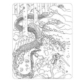 A black and white illustration from the "Activity Book: Fantasy Forest World of Fairies & Trolls" depicts a dragon intertwined with trees in an enchanted forest. A figure, evoking the style of John Bauer, sits peacefully on a branch, observing the creature.