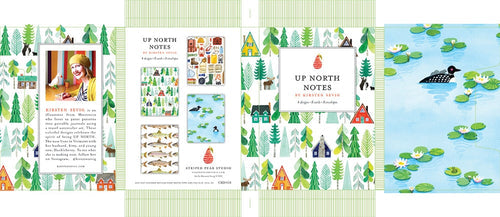 The Card Pack: Up North Notes by Kirsten Sevig showcases vibrant stationery designs inspired by forest and lake themes, adorned with delightful illustrations of trees, houses, fish, and a loon. This set includes a book cover titled "Up North Notes" and is printed on recycled paper for an eco-friendly appeal.