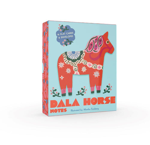 The set Cards: Dala Horse Notes 16 Cards by Monika Forsberg features vibrant Scandinavian folk art horse illustrations against a blue backdrop, including 16 beautifully illustrated flat cards with envelopes.