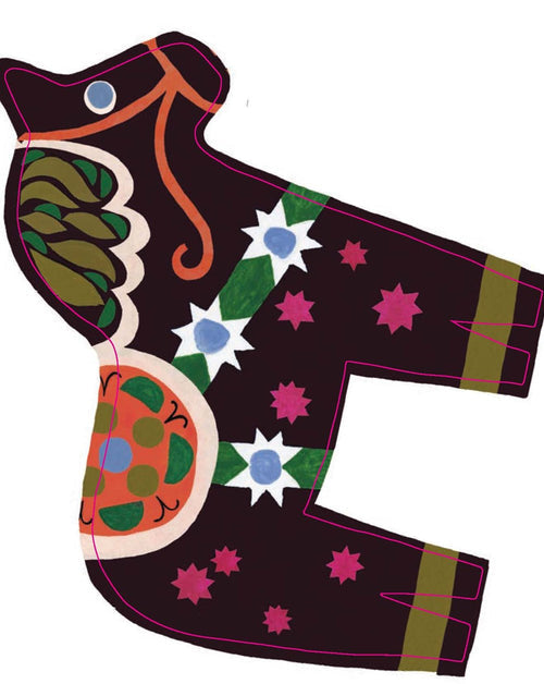 A vibrant abstract horse illustration with floral and geometric designs on a dark background, inspired by Scandinavian folk art. Featured on Cards: Dala Horse Notes 16 Cards by Monika Forsberg.