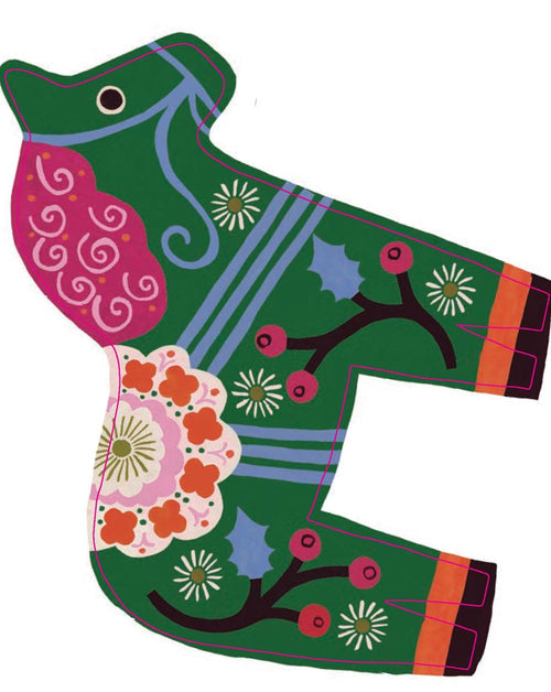 Illustration of a stylized bird with a green body, pink wings, and colorful patterns, reminiscent of the Scandinavian folk art style in Monika Forsbergs Dala Horse Notes card set.