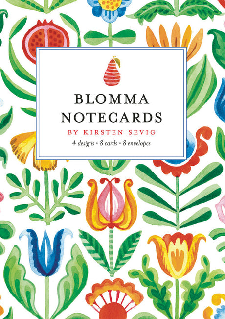 A vibrant floral pattern featuring symmetrical red, blue, yellow, and green flowers and leaves recalls classic Scandinavian notecards. At the center, a white box displays "Card Pack: Blomma Notecards—4 Designs, 8 Cards, 8 Envelopes" by Kirsten Sevig from Skandisk, with a delicate flower painting above the text. This card folder is crafted from recycled paper.
