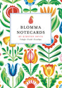 A vibrant floral pattern featuring symmetrical red, blue, yellow, and green flowers and leaves recalls classic Scandinavian notecards. At the center, a white box displays "Card Pack: Blomma Notecards—4 Designs, 8 Cards, 8 Envelopes" by Kirsten Sevig from Skandisk, with a delicate flower painting above the text. This card folder is crafted from recycled paper.