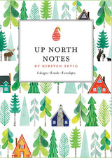 The "Card Pack: Up North Notes by Kirsten Sevig" stationery set showcases delightful illustrations of cabins, trees, and a moose. Featuring 4 designs with a total of 8 cards and envelopes, it is crafted from recycled paper for an eco-friendly touch.