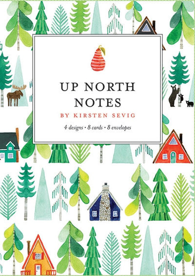The "Card Pack: Up North Notes by Kirsten Sevig" stationery set showcases delightful illustrations of cabins, trees, and a moose. Featuring 4 designs with a total of 8 cards and envelopes, it is crafted from recycled paper for an eco-friendly touch.