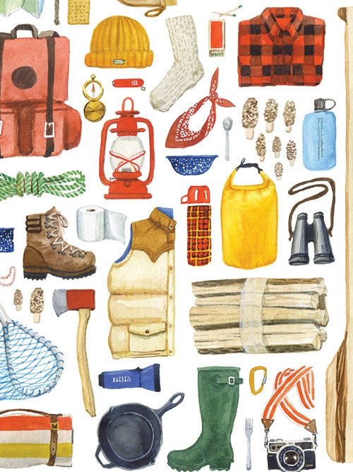 This artwork is inspired by the "Card Pack: Up North Notes by Kirsten Sevig" and features an illustration of camping gear on a white background, including a backpack, lantern, boots, axe, thermos, and more. It beautifully captures the essence of adventure while being printed sustainably on recycled paper.