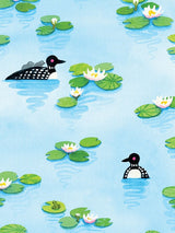 This delightful design by Kirsten Sevig in the "Card Pack: Up North Notes" captures a picturesque scene of two loons elegantly moving among lily pads and flowers on a serene blue pond, with one loon carrying three chicks nestled on its back. The note cards are beautifully printed on recycled paper.