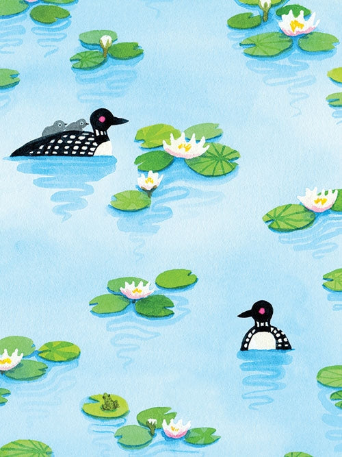 Illustration from the "Card Pack: Up North Notes" shows two loons gracefully swimming among lily pads and white flowers on a blue pond in a watercolor style. One loon carries chicks on its back, creating an enchanting scene ideal for recycled paper cards.