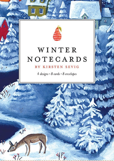 The front of the Card Pack: Winter, featuring artwork by Kirsten Sevig, displays charming watercolor illustrations of snow-laden trees, a snug house, and a deer in a wintry scene on recycled paper.