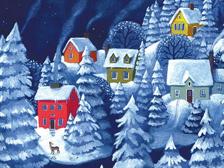Ecommerce product featuring colorful houses with snowy roofs, pine trees, night sky, smoke from chimneys, and a deer standing beside a red house. Scandinavian winter style.