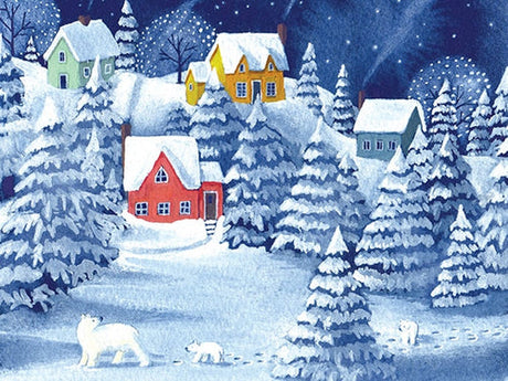 Greeting card with a winter scene showing colorful houses, snow-covered trees, and three polar bears beneath a starry night sky.
