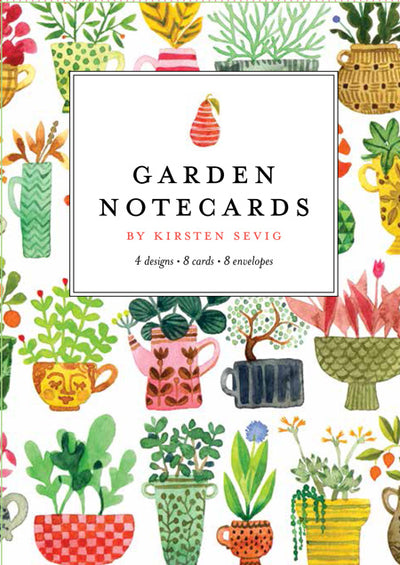 The cover of the Card Pack: Garden Notecards, designed by illustrator Kirsten Sevig, showcases vibrant plant illustrations in an assortment of pots and is made from recycled paper.